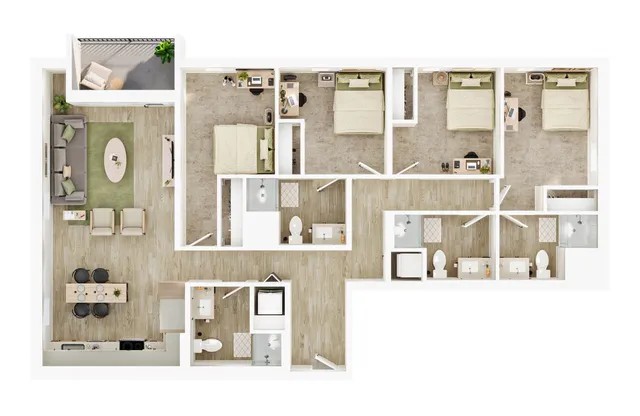 Elegant floor plan illustrating a modern apartment with three cozy bedrooms, an open living and dining area, a stylish kitchen, and two bathrooms. Includes a welcoming balcony, perfect for relaxation.