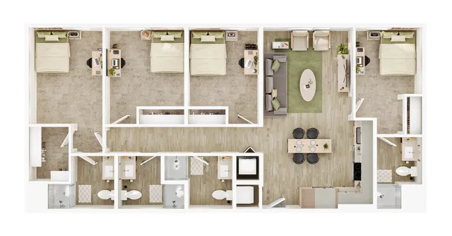 Modern 3-bedroom apartment floor plan with spacious living area, sleek kitchen, and multiple bathrooms.