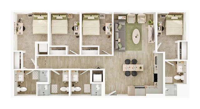 Contemporary floor plan showcasing 3 bedrooms, elegant living room, modern kitchen, and two sleek bathrooms.