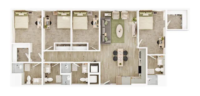 Elegant floor plan showcasing 3 spacious bedrooms, modern open-concept living room, stylish kitchen, and 2 contemporary bathrooms.