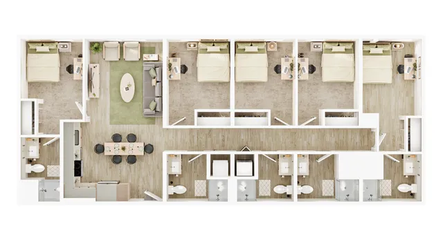 Elegant 2D floor plan showcasing four spacious bedrooms, an inviting open-concept living and dining area, and a modern kitchen with ample cabinetry.