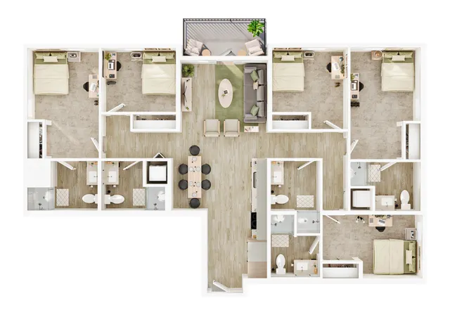Elegant floor plan showcasing three spacious bedrooms, an open living area, a modern kitchen, and two sleek bathrooms, complete with a charming balcony.