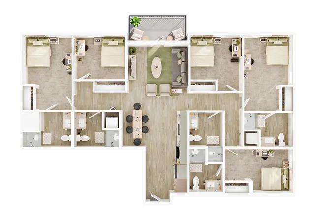 Modern floor plan showcasing 4 spacious bedrooms, 2 sleek bathrooms, an open living space, dining area, and a cozy balcony.