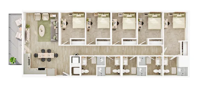 Luxurious apartment floor plan featuring four spacious bedrooms, a stylish open-plan living and dining area, and a modern kitchen with adjacent balcony seating.