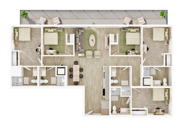 Modern apartment floor plan with three spacious bedrooms, inviting living area, and sleek kitchen, complemented by a stylish balcony.