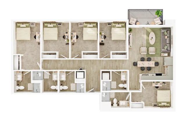 Modern 3D floor plan featuring four bedrooms, an elegant open living area, a stylish dining space, and a cozy outdoor balcony.