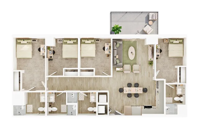 Contemporary 3-bedroom floor plan with a sleek open-concept living and dining area, modern kitchen, and private balcony.
