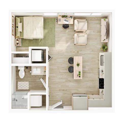 Chic studio apartment floor plan featuring a cozy bedroom area, modern kitchen, and stylish living room with natural light.
