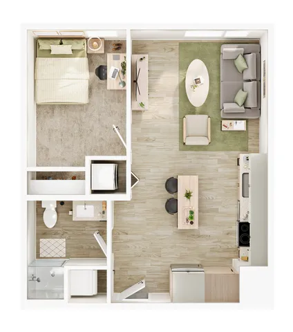 Modern one-bedroom apartment floor plan featuring an open-concept living area, stylish kitchen with breakfast bar, cozy bedroom, and elegant bathroom.