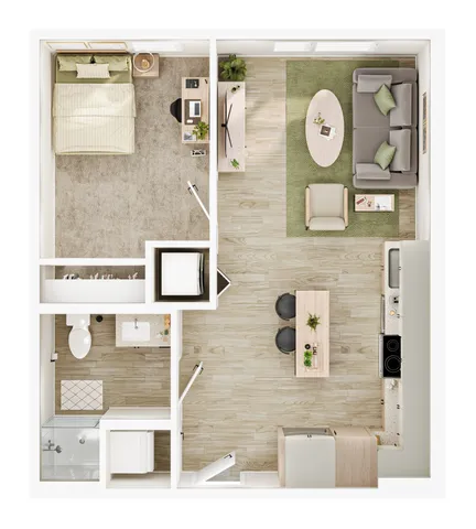 Elegant 1-bedroom apartment floor plan featuring an open living area, modern kitchen with breakfast bar, cozy bedroom, and stylish bathroom.