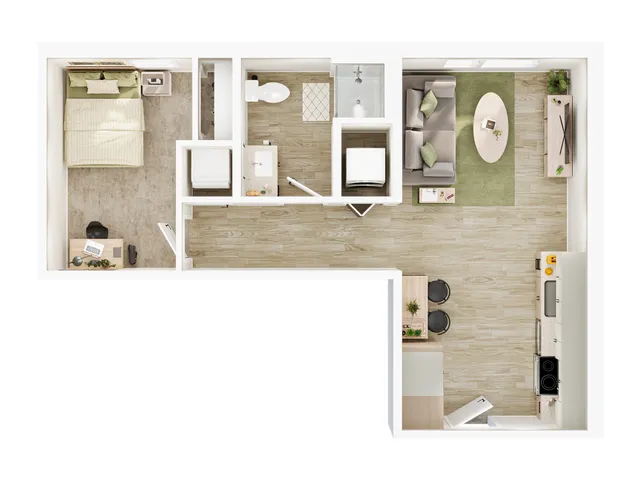 Modern L-shaped floor plan showcasing a cozy bedroom, sleek bathroom, and an inviting open-concept living area with a stylish kitchen and dining space.