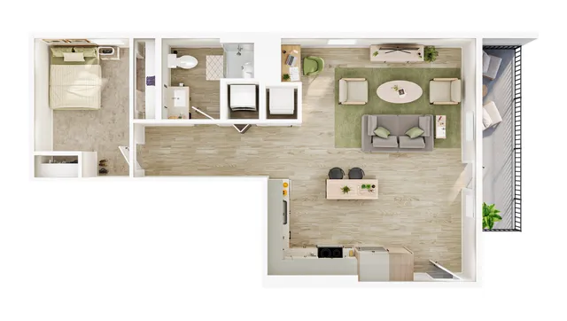 Modern open-plan apartment layout with one bedroom, spacious living room, cozy kitchen, and a private balcony.