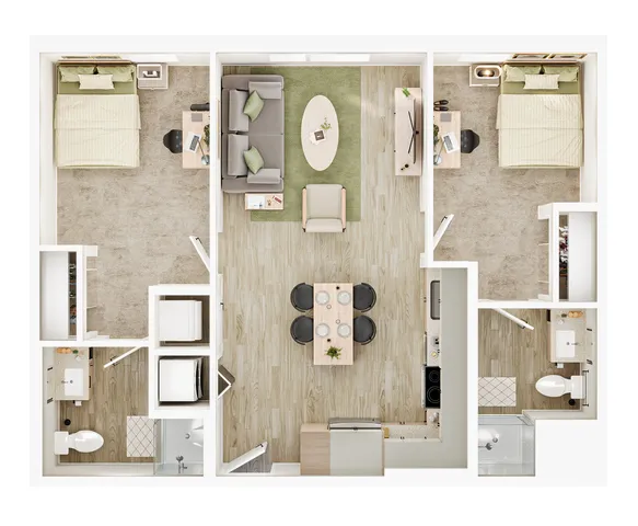 Modern 3D floor plan featuring 2 spacious bedrooms, inviting living area, stylish dining space, and efficient kitchen design.
