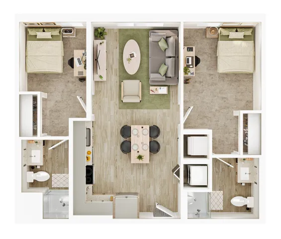 Modern floor plan showcasing two spacious bedrooms, a cozy living room, and a well-designed kitchen, enhanced by elegant wood flooring and stylish furnishings.