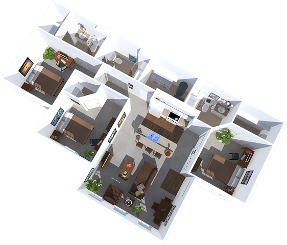 3D apartment layout featuring three bedrooms, an open living room, and a modern kitchen.