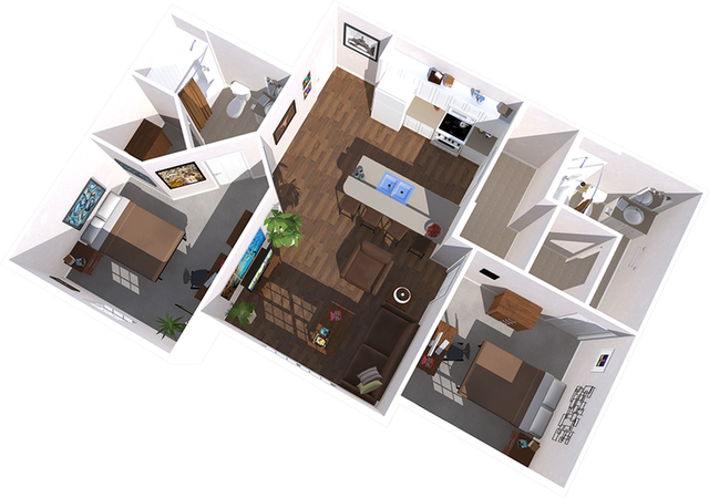 3D floor plan illustrating two bedrooms, a spacious living room, modern kitchen, and two bathrooms.