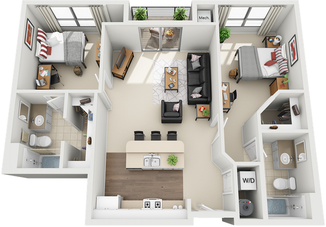 Modern 3D floor plan showcasing a bright, open-layout apartment with 2 bedrooms, a stylish living area, and a sleek kitchen. Includes 2 bathrooms and a convenient washer/dryer space, perfect for comfortable living.