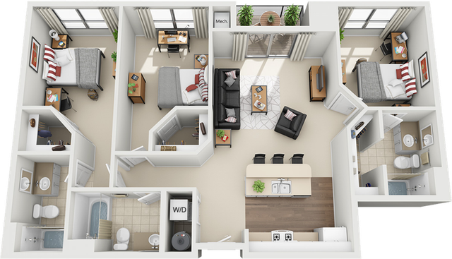 Modern 3D floor plan featuring three spacious bedrooms, an elegant living area, and a contemporary kitchen with an island. Includes two bathrooms and a stylish balcony for outdoor relaxation.