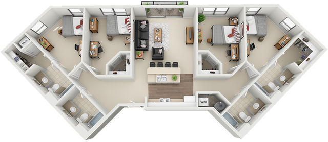 Elegant 3-bedroom floor plan with a contemporary open-concept living space, modern kitchen with island, and multiple bathrooms for convenience.