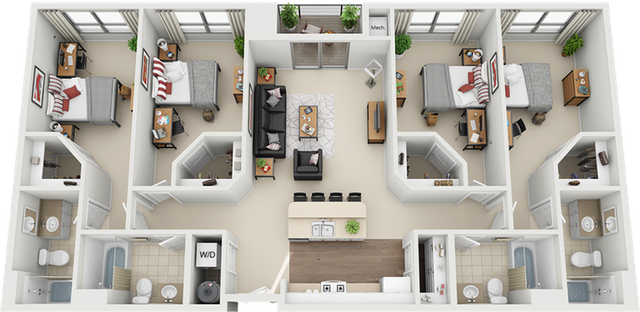 Modern 3D floor plan featuring 3 bedrooms, a stylish open-concept living area, and a state-of-the-art kitchen with bar seating.