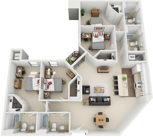 Modern apartment floor plan featuring three bedrooms, two bathrooms, a chic open-concept living area, and a fully equipped kitchen with an island.