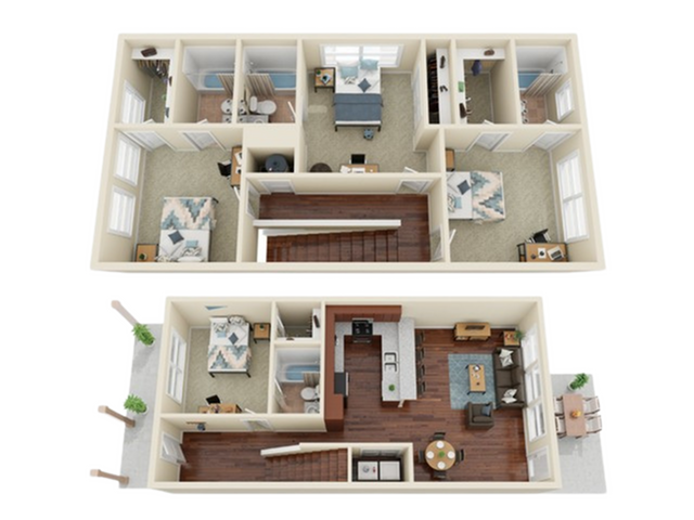 3D floor plan showcasing a spacious two-level apartment with three bedrooms, open-concept living and dining area, and a modern kitchen.
