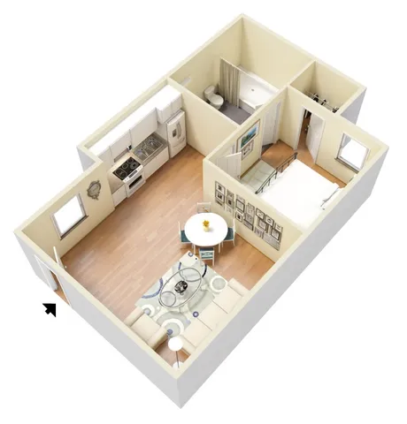 1 bed, 1 bath floorplan is 681 sq. ft.