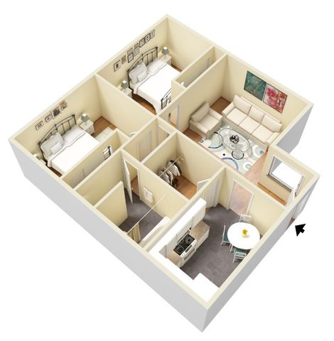 2 bed, 1 bath floorplan is 898 sq. ft.