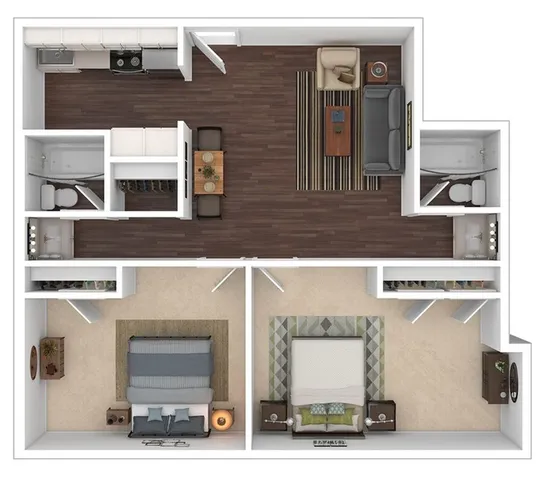 2 bed, 2 bath floorplan is 930 sq. ft.
