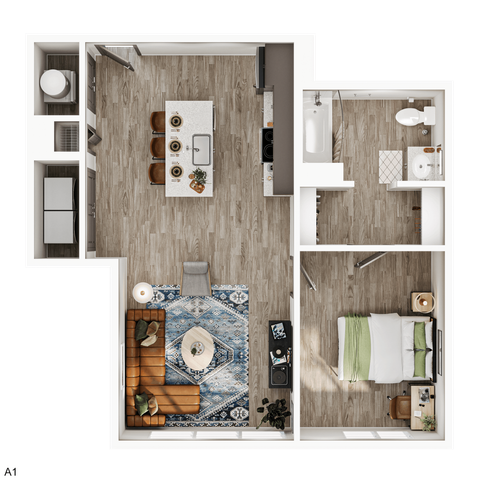 Modern 1-bedroom apartment floor plan showcasing an open-concept living area with stylish kitchen, cozy living room, and elegant bathroom.