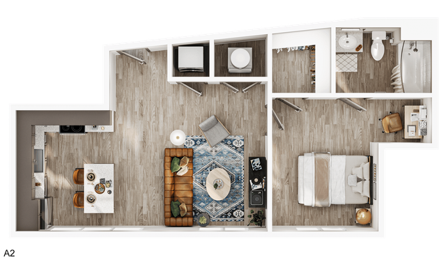 Chic floor plan with one bedroom, a cozy living area, modern kitchen, and elegant bathroom, boasting a sleek design and stylish furnishings.