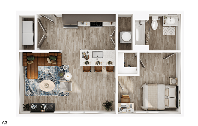 Modern A3 floor plan showcasing an open-concept layout with one bedroom, a stylish kitchen with island seating, a cozy living area, and a full bathroom.