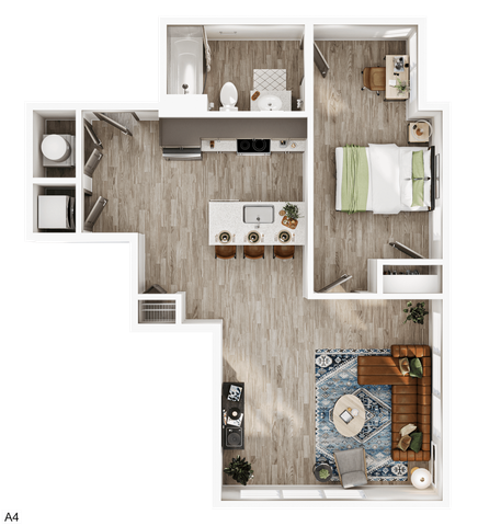 Elegant 1-bedroom apartment floor plan with open-concept kitchen and living room, featuring contemporary design and ample natural light.