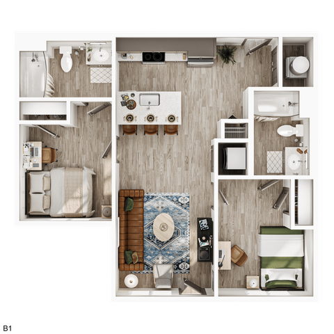 Modern 3D apartment floor plan with 2 bedrooms, cozy living area, stylish kitchen, and 2 chic bathrooms, designed for comfort and functionality.