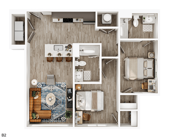 Chic floor plan showcasing a stylish 2-bedroom apartment with a modern kitchen, cozy living area, and two elegant bathrooms.
