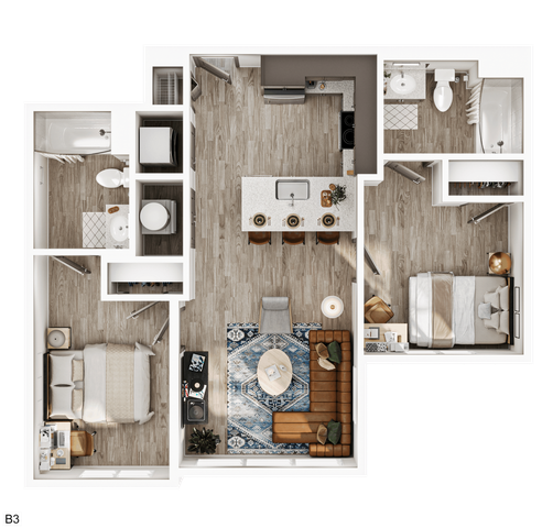 Modern 2-bedroom floor plan showcasing open kitchen with seating island, cozy living room, and two bathrooms for a stylish urban lifestyle.