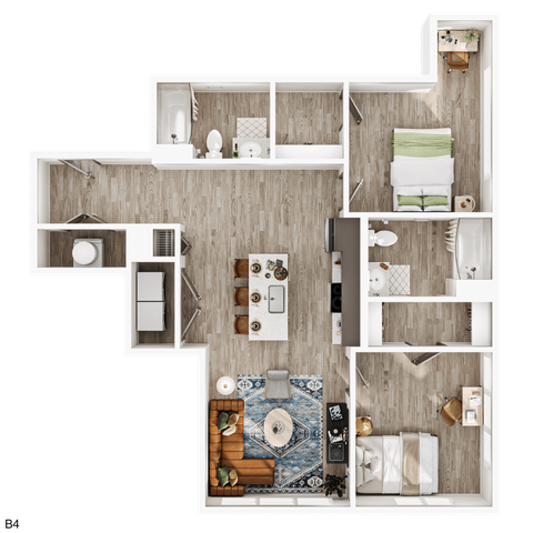 Modern floor plan showcasing a two-bedroom apartment with an open-concept living room and kitchen, two sleek bathrooms, and a cozy workspace. Elegant wood flooring adds warmth throughout the space.
