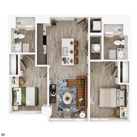 Modern floor plan with stylish design featuring 2 bedrooms, 2 bathrooms, and an open-concept living area with a kitchen island.