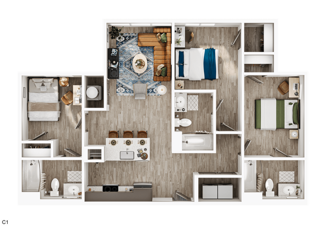 Modern 3D floor plan showcasing three bedrooms, an elegant open-concept living space, and a chic kitchen with breakfast bar seating.