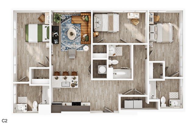 Modern 3-bedroom floor plan featuring a spacious open-concept living area, elegant kitchen with bar seating, and two stylish bathrooms.