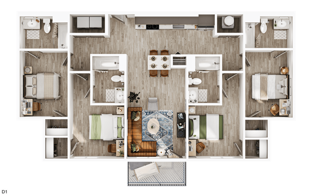 Modern 3-bedroom apartment floor plan showcasing an open living area, sleek kitchen, and private balcony.