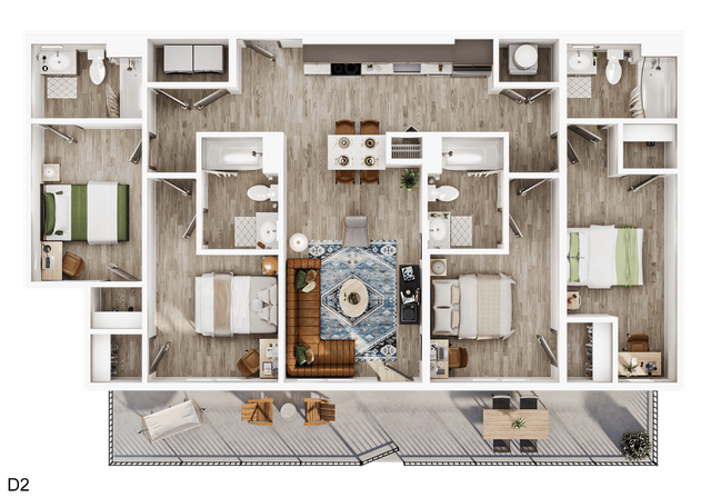 Contemporary 3-bedroom apartment floor plan showcasing an open layout with cozy living area, modern kitchen, and stylish bathrooms, perfect for comfortable living.