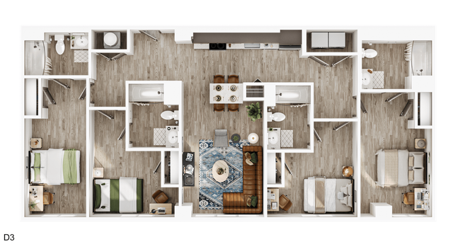 Elegant floor plan showcasing three cozy bedrooms, modern bathrooms, spacious open-concept living and dining area, and a sleek kitchen with premium finishes.