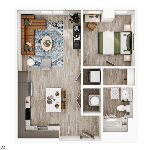 Modern 1-bedroom apartment floor plan featuring an open-concept living area, stylish kitchen, and cozy bedroom, ideal for urban living.