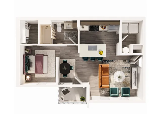 Modern floor plan showcasing a stylish 1-bedroom apartment with an open living area, elegant kitchen island, cozy dining space, and a spacious balcony.