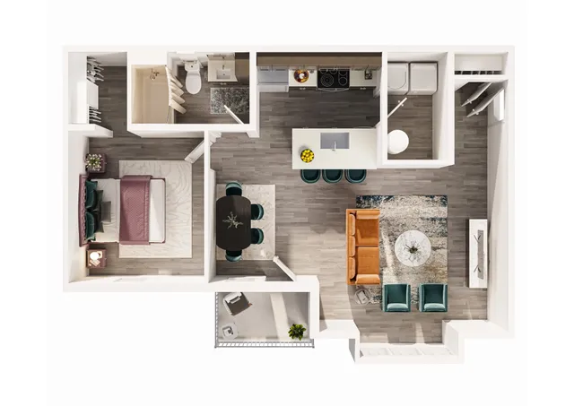 Modern floor plan showcasing a cozy one-bedroom layout with an open-concept living area, stylish kitchen, and chic bathroom. Includes a private balcony and ample storage space.