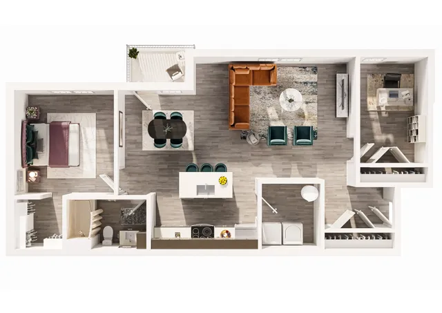Modern 2D floor plan featuring one bedroom, spacious living room with plush seating, stylish kitchen, dining area, and an elegant balcony.