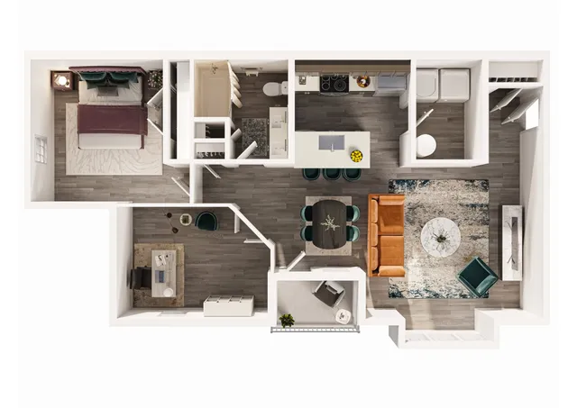 Elegant open-concept floor plan with a cozy bedroom, sleek kitchen, and inviting living room featuring contemporary furniture.