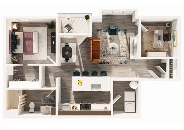 Modern floor plan illustrating a single bedroom, open living space, and kitchen island with bar seating, complemented by an inviting balcony area.