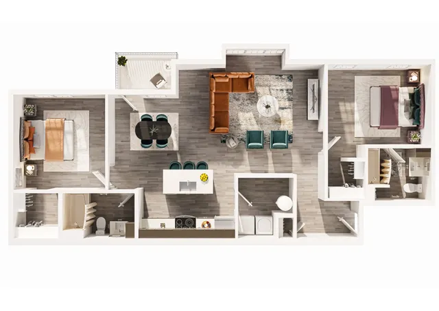 Modern 2D floor plan showcasing a spacious 2-bedroom apartment with open living and dining area, sleek kitchen, and two elegant bathrooms.